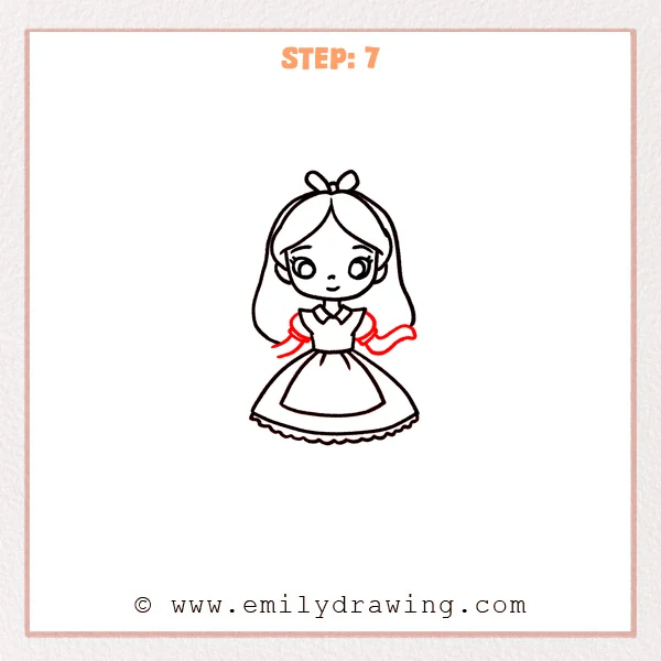 how to draw an alice in wonderland - Step 7: Puff sleeves and both arms are added to Alice in Wonderland’s outfit.